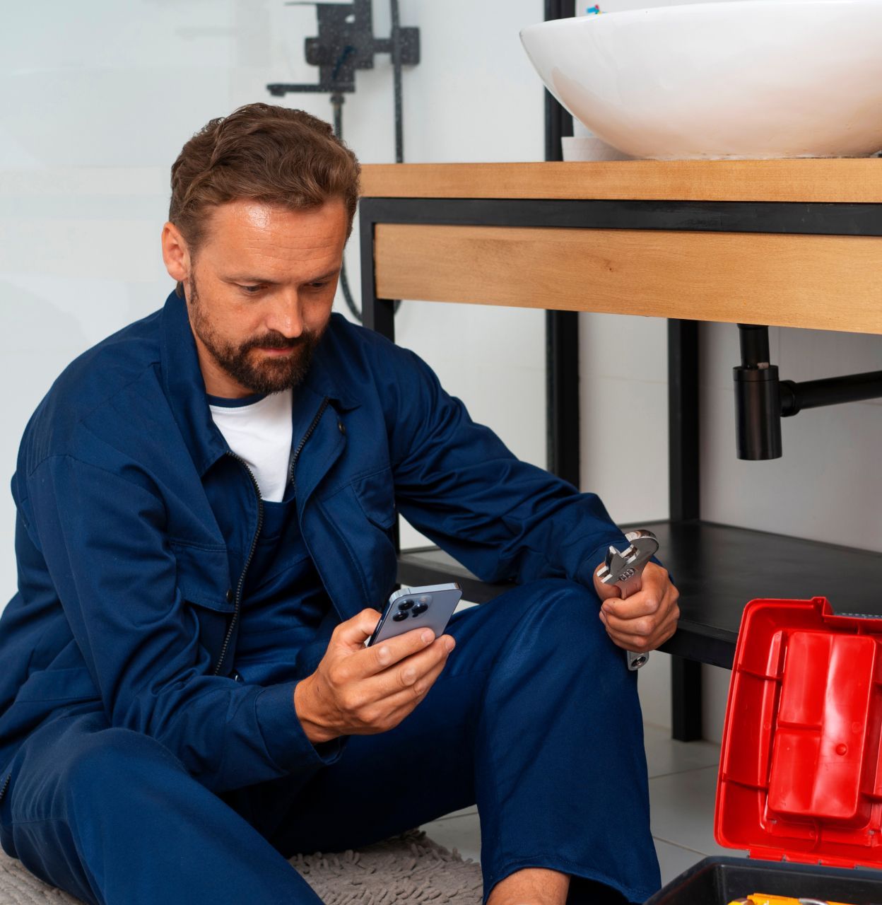 Plumber reviewing a work order before starting a repair job