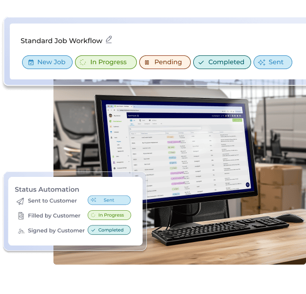 Computer showing a team's workflow with stages and automations displayed