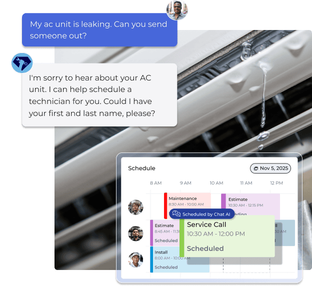 Showing Chat AI schedule a job from a conversation with a customer.