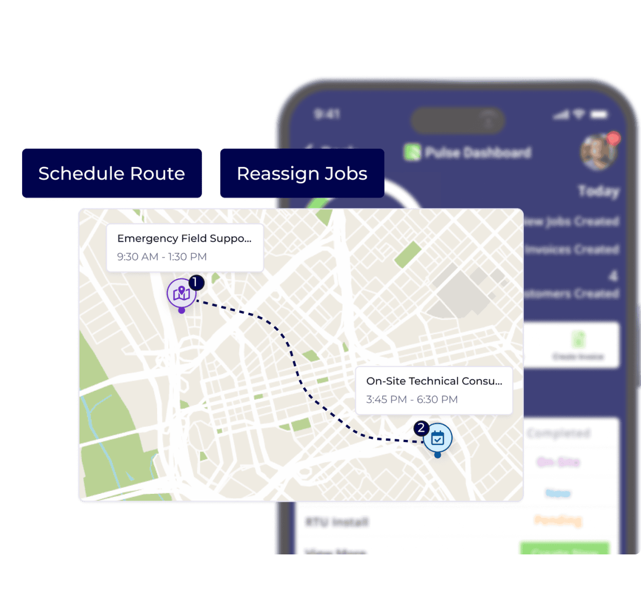 Scheduling interface showing technician availability and assigned jobs.