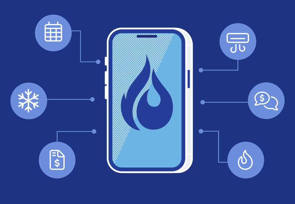 Phone illustration with feature icons that you can find in the FieldPulse HVAC app including scheduling, dispatching, customer communications, job management, payments, invoices and maintenance agreement management.