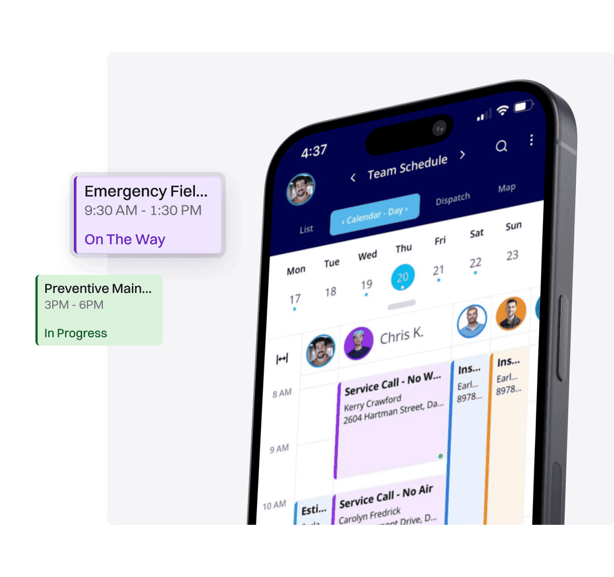 Mobile dashboard displaying real-time service requests and job tracking