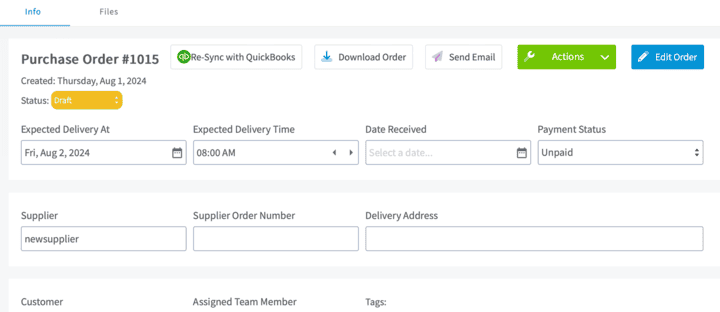 Purchase order sync with QuickBooks