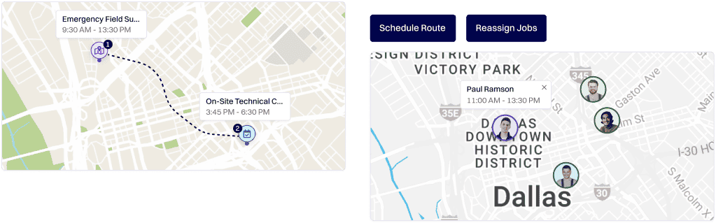 Mobile view of job dispatching and optimized service routes