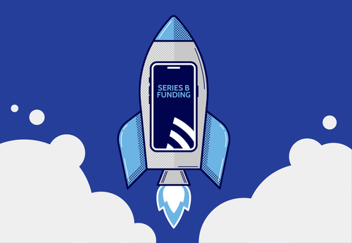 An illustrated rocket ship taking off with the FieldPulse logo and text that reads "Series B Funding"