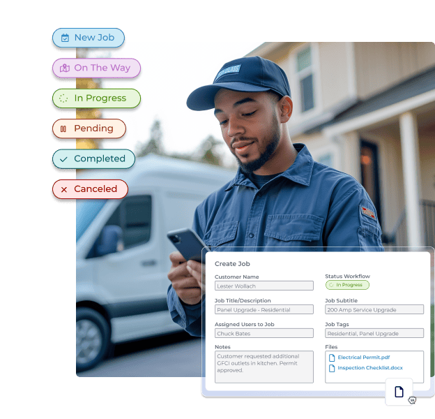 Field technician looking at his current job's workflow on his phone